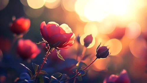 Red Roses Backlit in Golden Hour: Soft Focus Bokeh Composition.