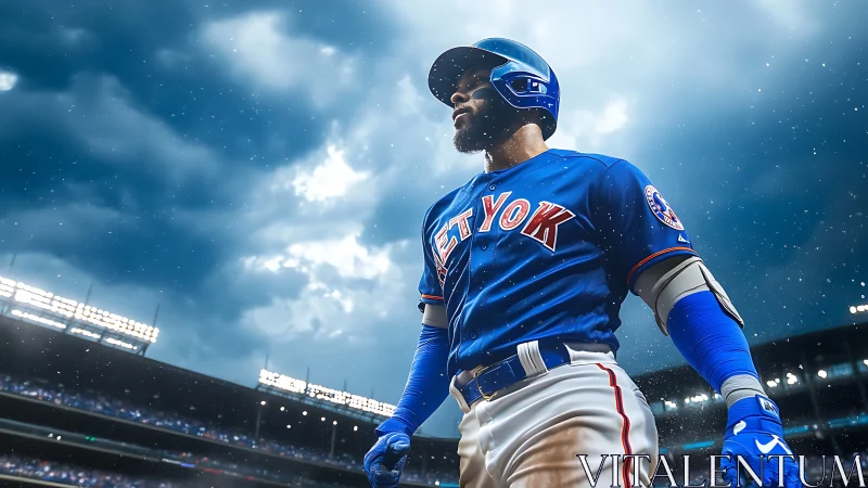 Storm-lit ballpark hero strides through electric game moment.