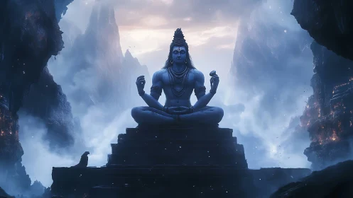 Serene mountain deity in luminous twilight meditation.