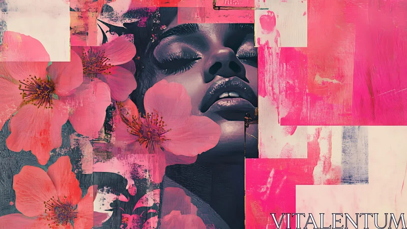 Chromatic floral overlay on digitally rendered serene visage.