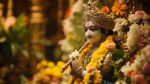 Ornate Krishna deity statue with jeweled crown and floral garlands