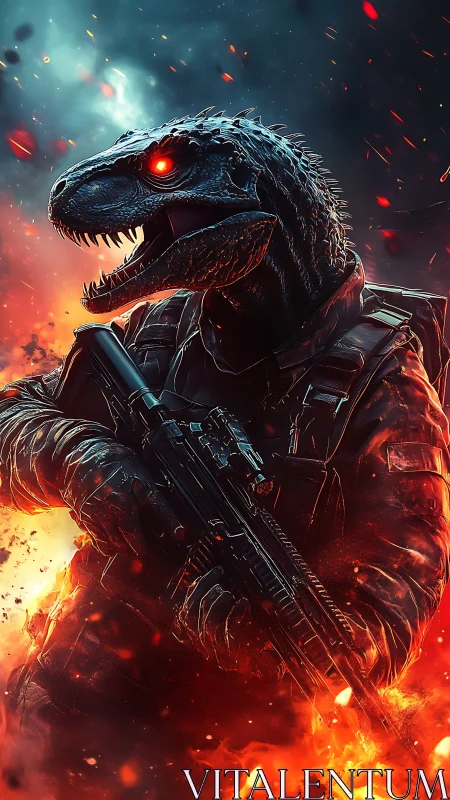 Raptor commando strides through wildfire with molten calm