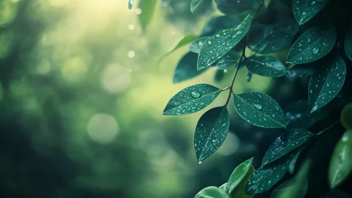 Close-up green leaves with raindrops in soft forest light.
