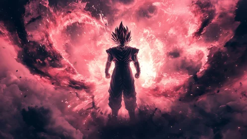 Silhouetted warrior in pink nebular energy vortex explosion