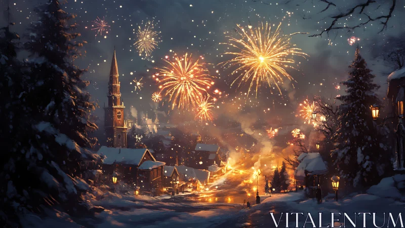 Winter village skyline ignites under radiant festive fireworks