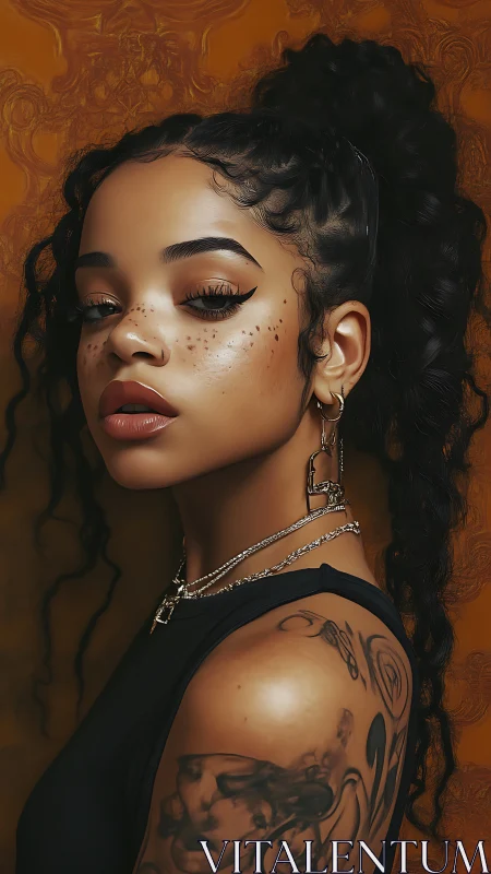 Golden glow portrait with freckles, ink, and quiet fire.