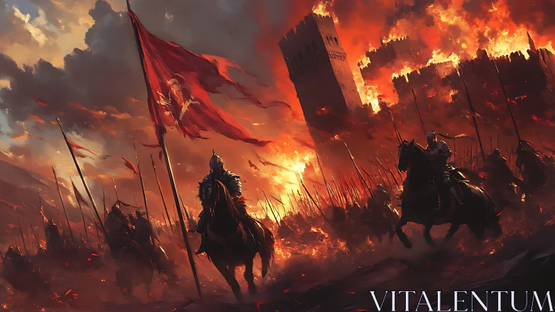 Armored cavalry before burning fortress under red sky.