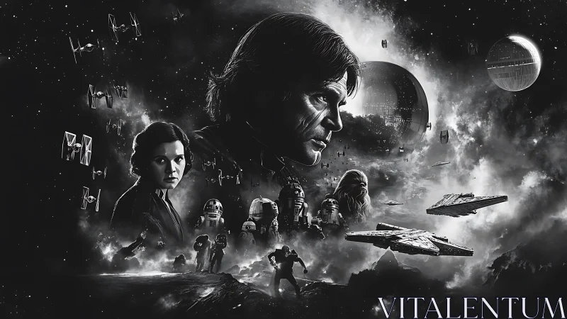 Epic space saga collage with heroic faces and starships.
