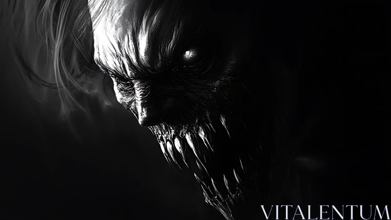 Demonic skull emerges from darkness with jagged metallic teeth