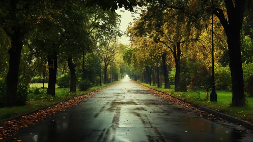 Rain-soaked park avenue under lush autumn tree canopy.