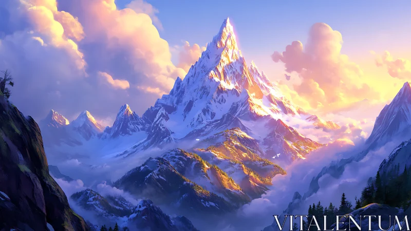 Solar-tinged alpine massif under volumetric cloud illumination.