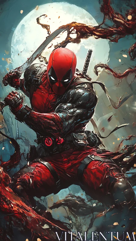 Red masked swordsman attacks amid tendrils under full moon