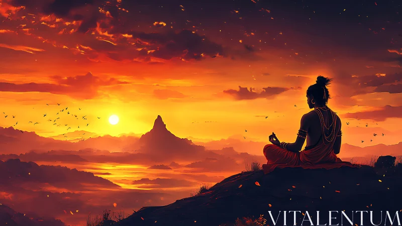 Monk meditates on hilltop against vivid orange sunset sky.