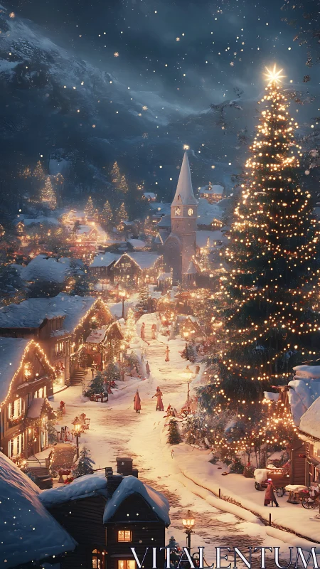 Snow-covered alpine village street glows with festive lights