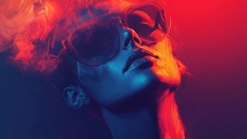 Neon-lit portrait renders cool blue face against burning red haze