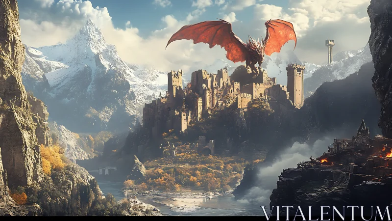 Crimson dragon storms mountain citadel under cold sun.