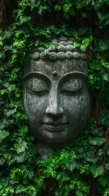 Stone Buddha relief enveloped by dense climbing foliage.