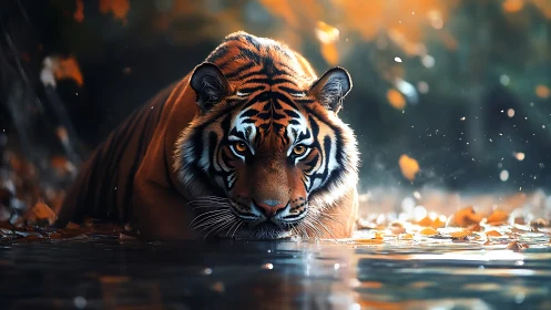 Autumn-lit tiger cooling in tranquil forest water.