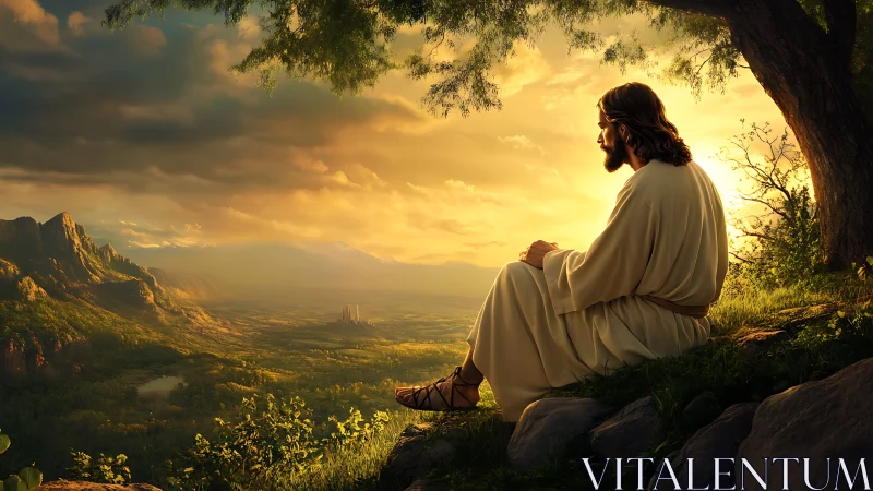 Serene figure in white robe contemplates a golden valley at dawn