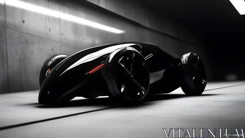 Futuristic black concept car in minimalist tunnel lighting.