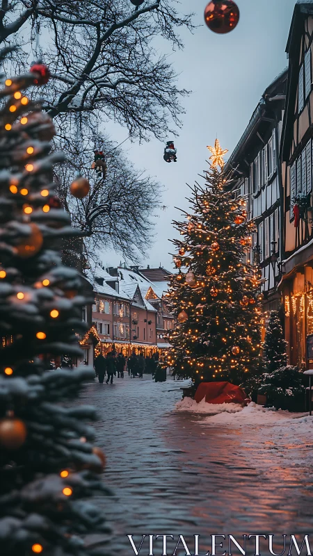 Cobblestone Christmas lane aglow with golden village sparkle.