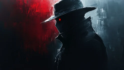 Shadowed figure in fedora dominates red and blue void.