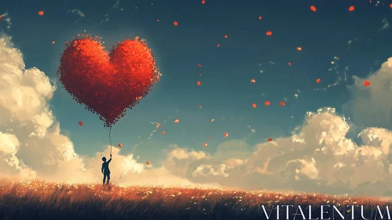 Figure Holding Giant Red Heart Balloon in Golden Field.