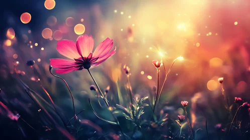 Luminous Pink Cosmos Flowers Glowing in Ethereal Sunset