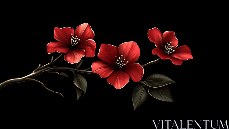 Vibrant Red Flowers on Branches Against Black Background.