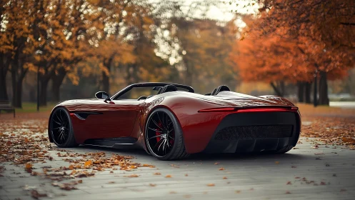 Crimson roadster rests among golden autumn park leaves at dusk