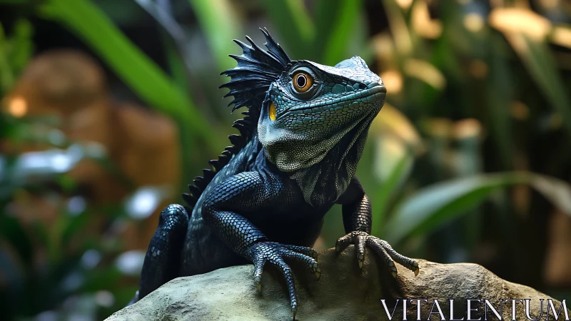 Emerald jungle lizard poised like a tiny crownless dragon.