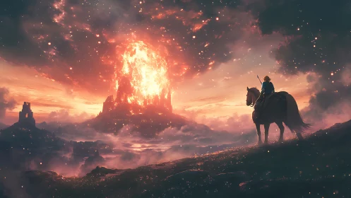 Knight on horseback observing erupting citadel at dusk.
