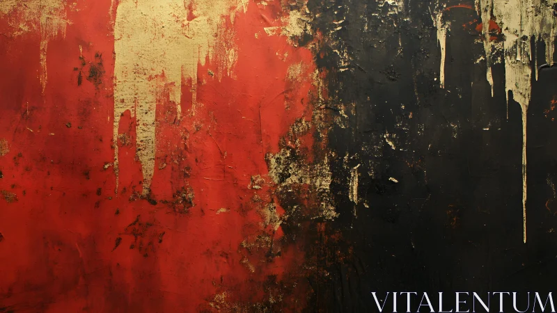Abstract red and black textured painting with gold drips, modern style.
