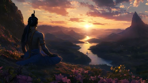 Divine yogi silhouette overlooking river valley at sunset