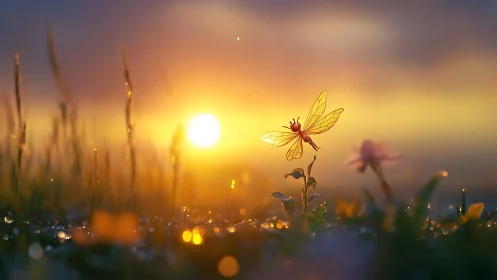 Macro sunrise with translucent dragonfly above dewlit meadow