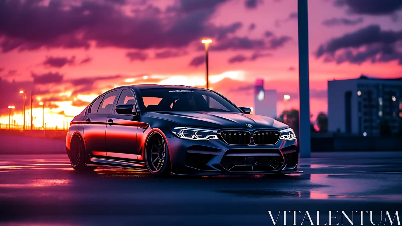Low-angle render of tuned sedan under high-saturation sunset sky