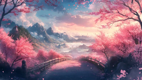 Elevated bridge corridor leads through dense sakura valley vista