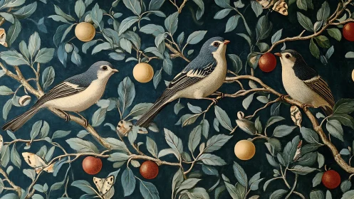 Three blue songbirds on fruit tree branches, vintage wallpaper style.