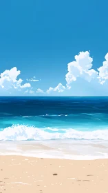 Calm sandy shoreline with blue sea and clouds above.