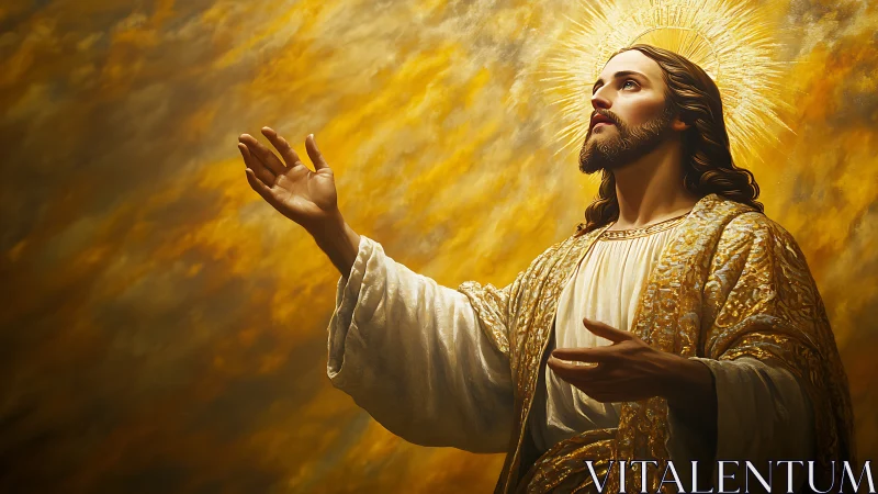 Radiant robed figure with luminous halo in golden diffusion.