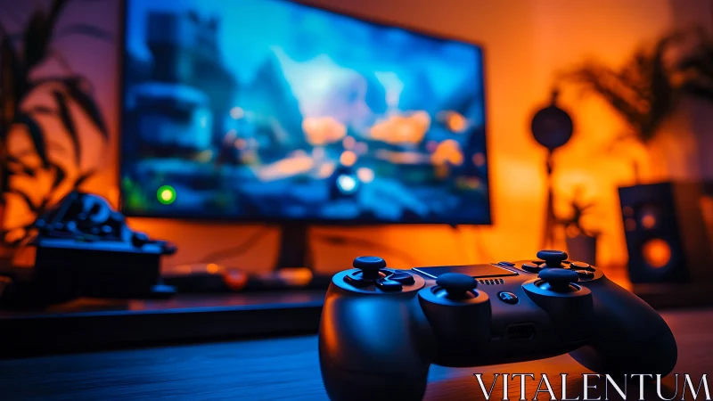 Game controller in cinematic neon blue and orange bokeh.