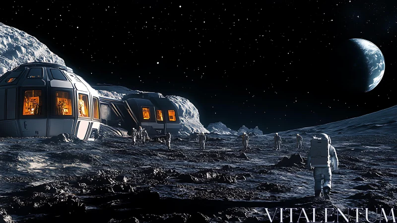 Starlit lunar explorers walk toward a warmly lit moon base