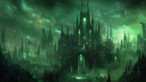 Emerald necropolis skyline with spired citadel under toxic aurora