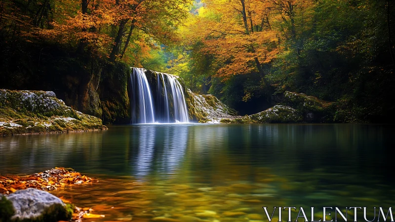 Autumn forest waterfall over turquoise reflective pool at dusk.