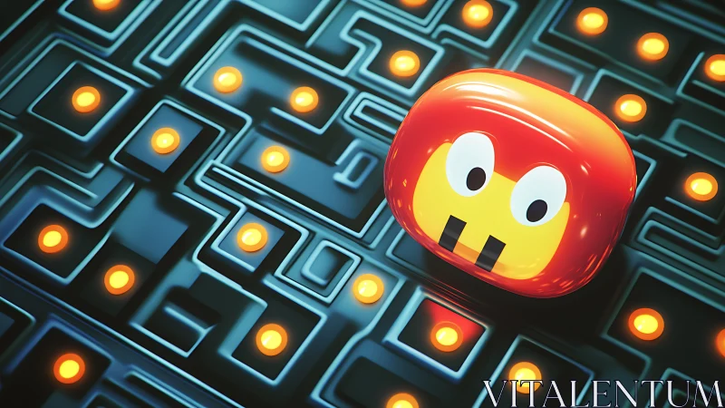 Red glossy game character in neon maze with glowing dots.