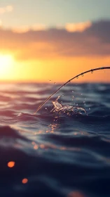 Fishing rod cutting sunset waves with glowing water spray.