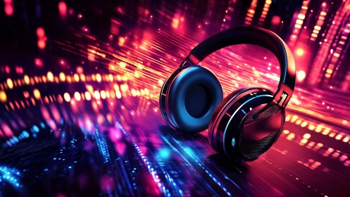 Over‑ear headphones in neon audio spectrum light field