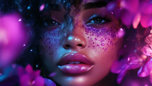 Iridescent portrait with crystal makeup and neon petals.