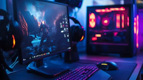 Immersive RGB gaming battlestation with neon desktop rig.