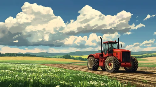 Red articulated tractor traverses cultivated fields under cumulus sky